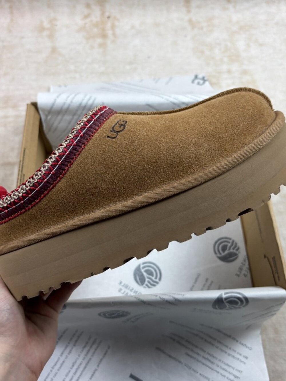 UGG Chestnut Slip-On Slippers with Red Braided Trim – Brand New